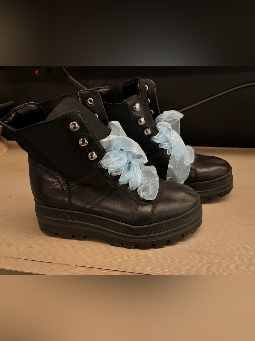Marc Fisher Black Combat Boots with Light Blue Ribbon Laces
